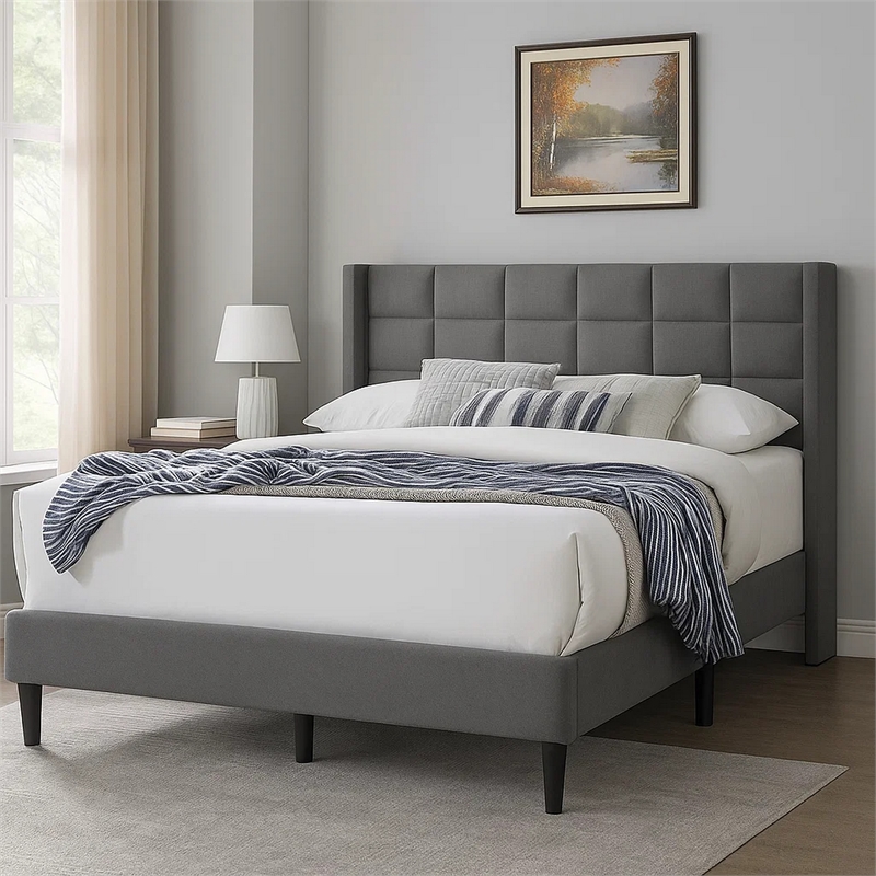 Zensa Full Bed-Light Gray Linen Upholstery-Padded Wing Headboard