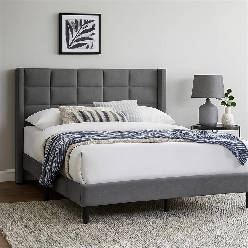 Zensa Full Bed-Light Gray Linen Upholstery-Padded Wing Headboard