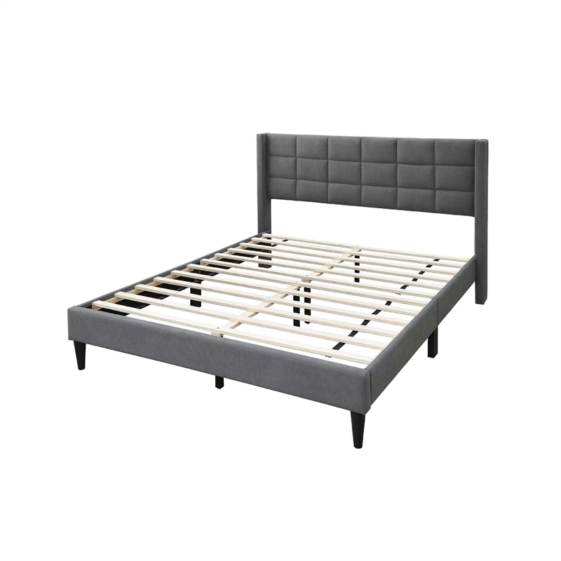 Zensa Full Bed-Light Gray Linen Upholstery-Padded Wing Headboard