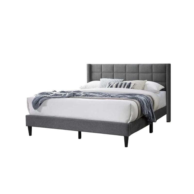 Zensa Full Bed-Light Gray Linen Upholstery-Padded Wing Headboard