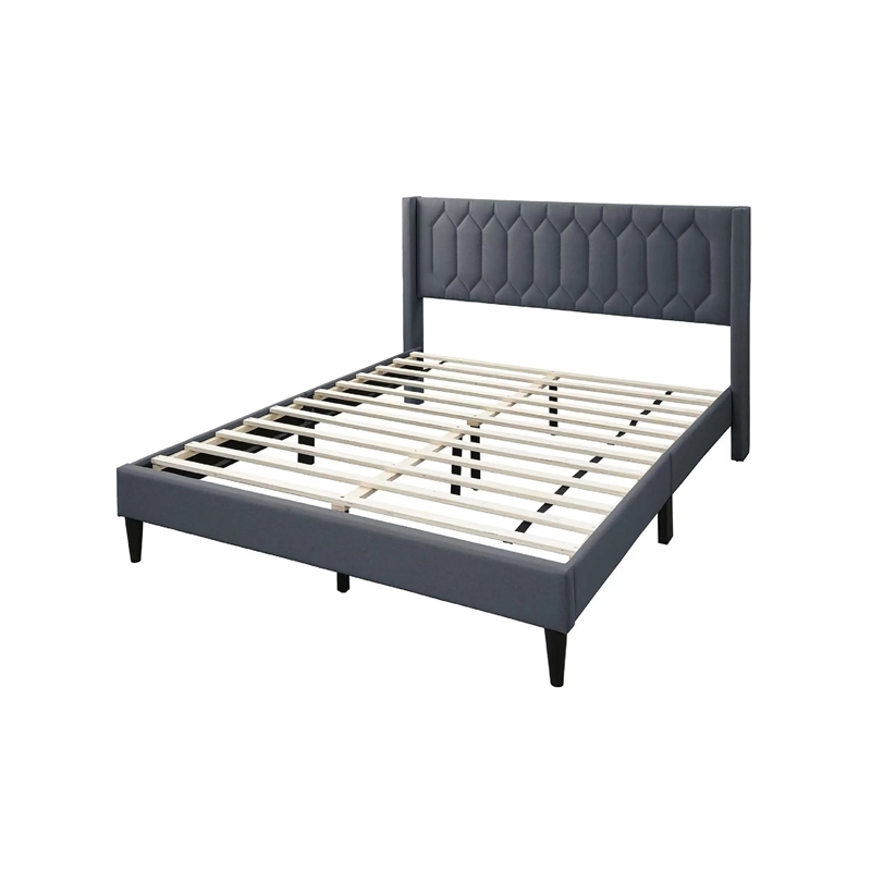 Liana Full Bed-Tufted Charcoal Gray Burlap Upholstery-Foam Padding