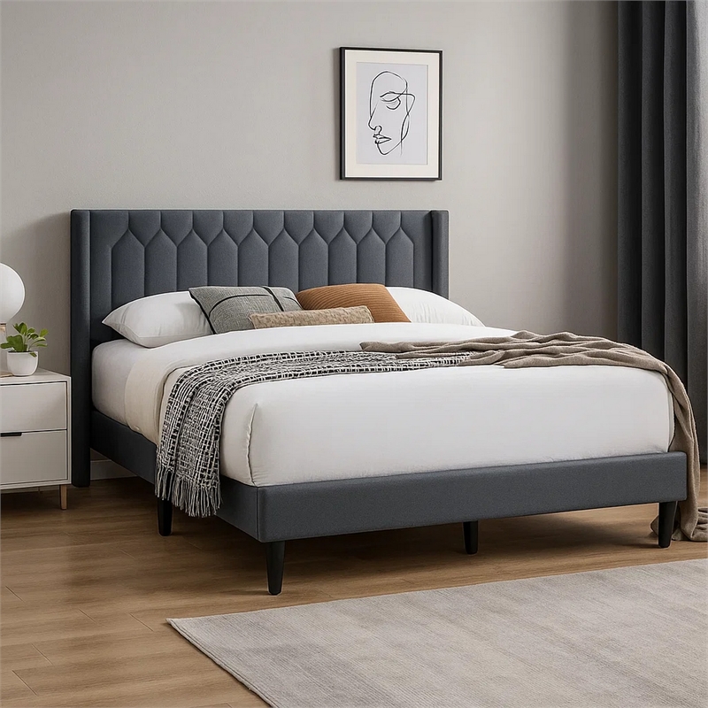 Liana Full Bed-Tufted Charcoal Gray Burlap Upholstery-Foam Padding