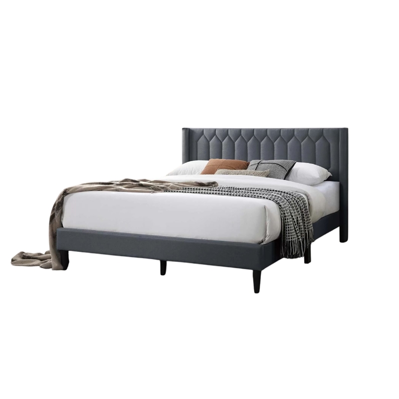 Liana Full Bed-Tufted Charcoal Gray Burlap Upholstery-Foam Padding