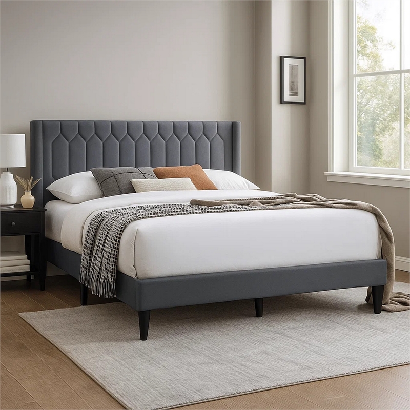 Liana Full Bed-Tufted Charcoal Gray Burlap Upholstery-Foam Padding