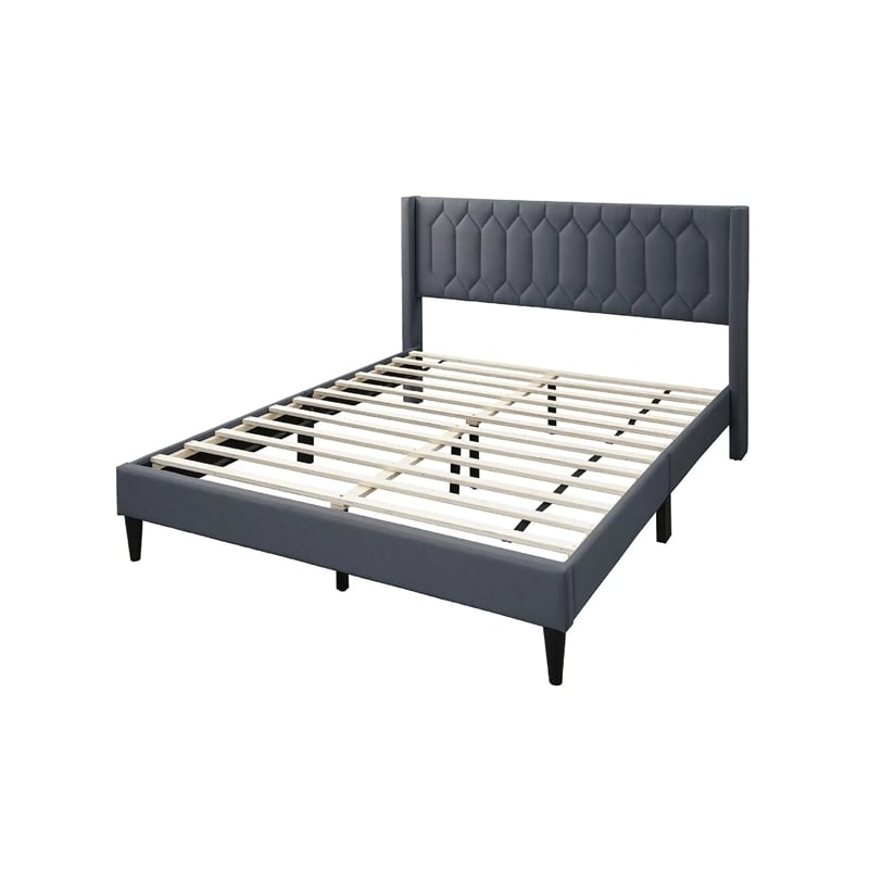 Liana Full Bed-Tufted Charcoal Gray Burlap Upholstery-Foam Padding