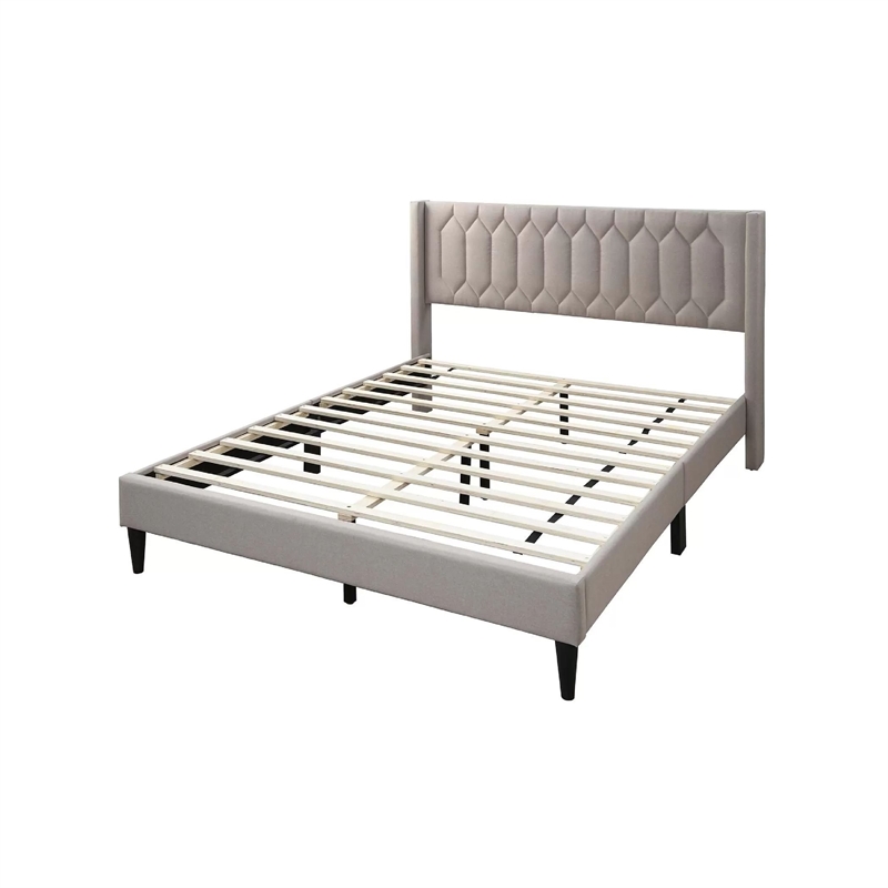 Liana Full Bed-Tufted Light Brown Burlap Upholstery-Foam Padding
