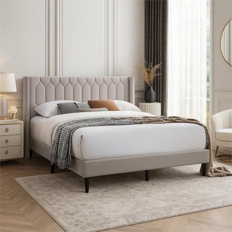Liana Full Bed-Tufted Light Brown Burlap Upholstery-Foam Padding