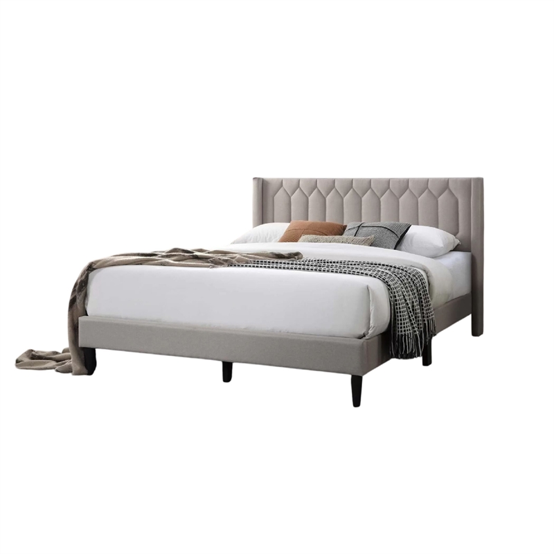 Liana Full Bed-Tufted Light Brown Burlap Upholstery-Foam Padding