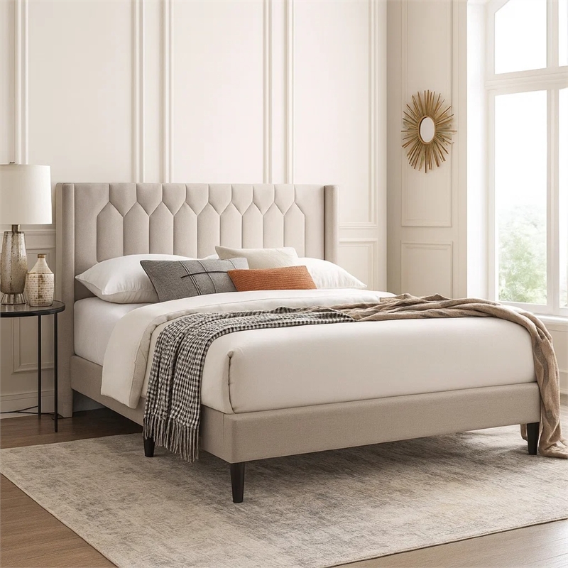 Liana Full Bed-Tufted Light Brown Burlap Upholstery-Foam Padding