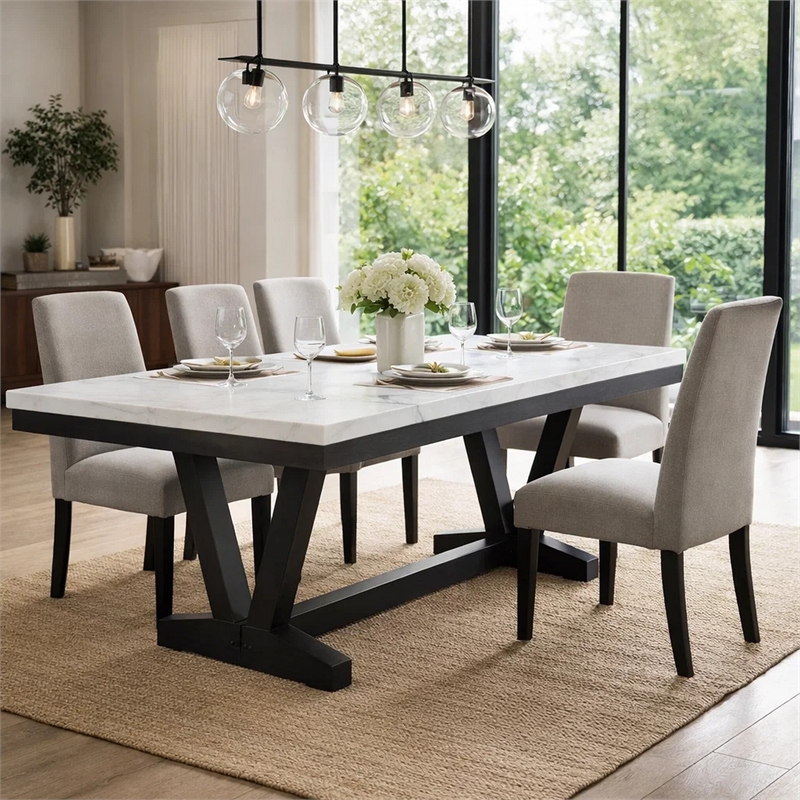 Viem Dining Table-72 Inch Rectangular White Marble Top-Black Open Base