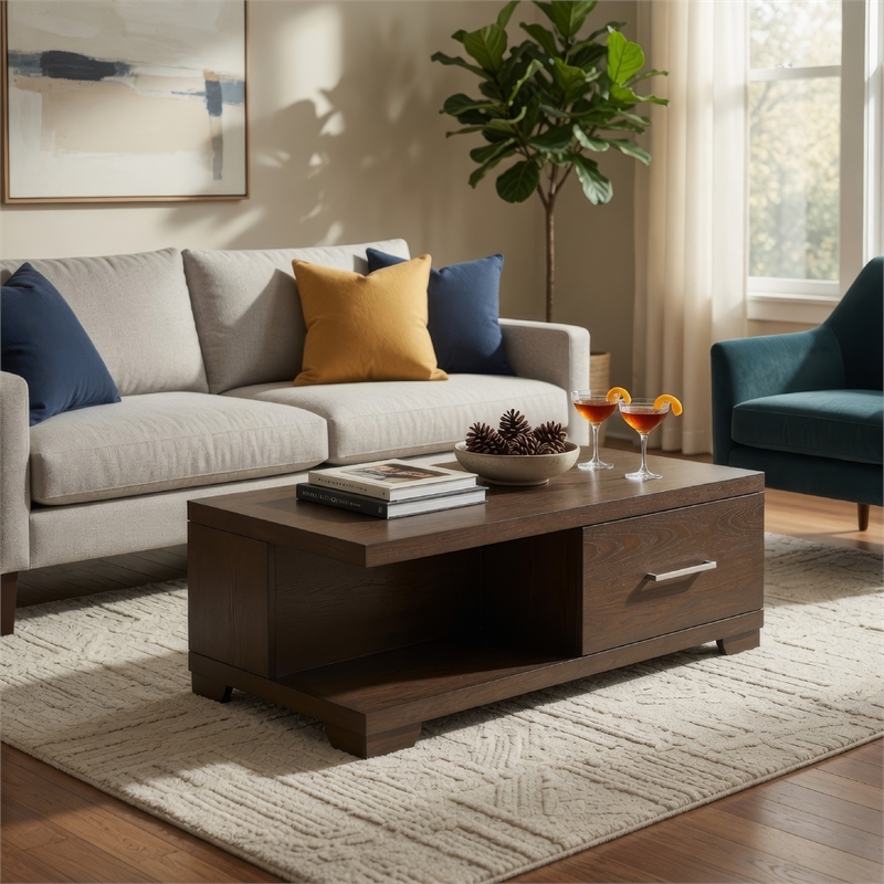 Coffee Table with Open Shelf- 50 Inch- 1 Door- Espresso Brown