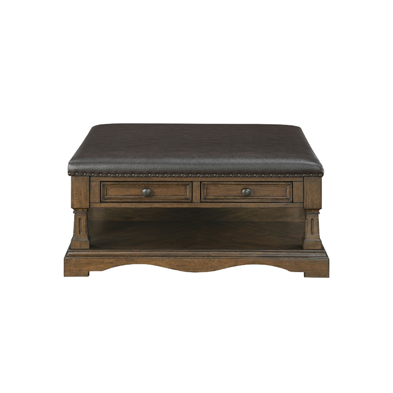 Coffee Table- 39 Inch Brown Faux Leather Top- 4 Drawers and Shelf
