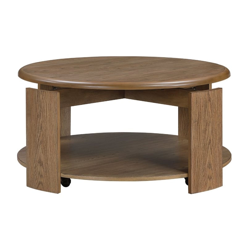 Coffee Table- 40 Inch Round Swivel Top- Lower Open Shelf- Brown