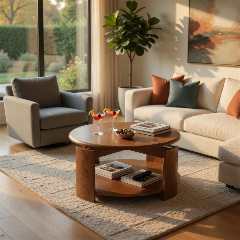 Coffee Table- 40 Inch Round Swivel Top- Lower Open Shelf- Brown