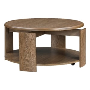 Coffee Table- 40 Inch Round Swivel Top- Lower Open Shelf- Brown
