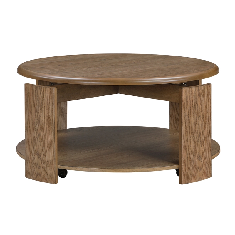 Coffee Table- 40 Inch Round Swivel Top- Lower Open Shelf- Brown