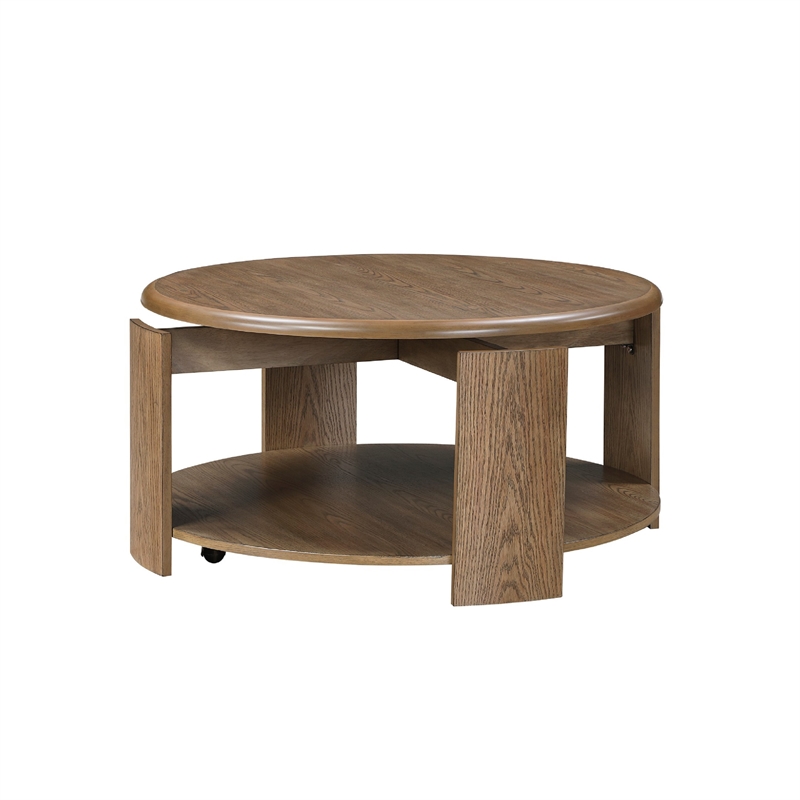 Coffee Table- 40 Inch Round Swivel Top- Lower Open Shelf- Brown