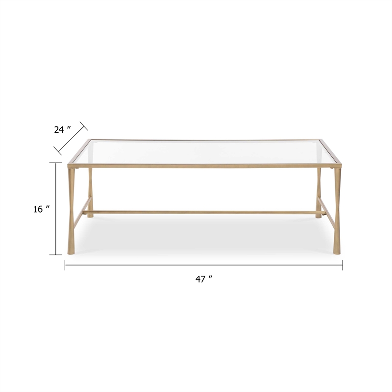 Coffee Table- 47 Inch Rectangular Glass Top- Antique Gold Iron