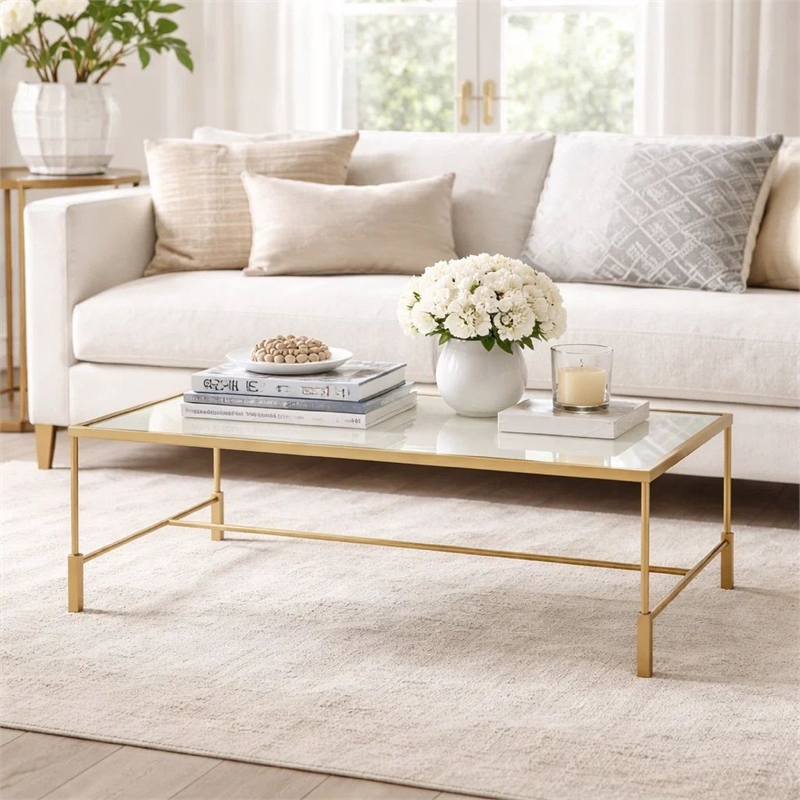 Coffee Table- 47 Inch Rectangular Glass Top- Antique Gold Iron