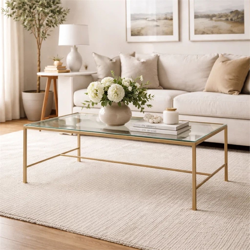 Coffee Table- 47 Inch Rectangular Glass Top- Antique Gold Iron