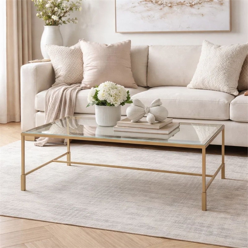 Coffee Table- 47 Inch Rectangular Glass Top- Antique Gold Iron