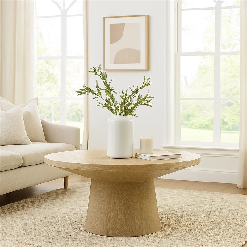 Coffee Table- Pedestal Base- 29 Inch Round Top in Oak Brown