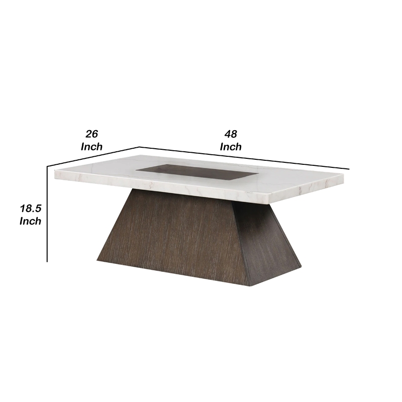 Coffee Table- 48 Inch White Marble- Walnut Brown Pedestal Base