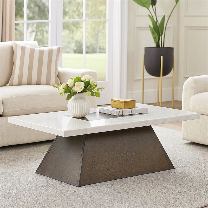 Coffee Table- 48 Inch White Marble- Walnut Brown Pedestal Base