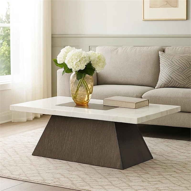 Coffee Table- 48 Inch White Marble- Walnut Brown Pedestal Base