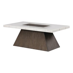 Coffee Table- 48 Inch White Marble- Walnut Brown Pedestal Base