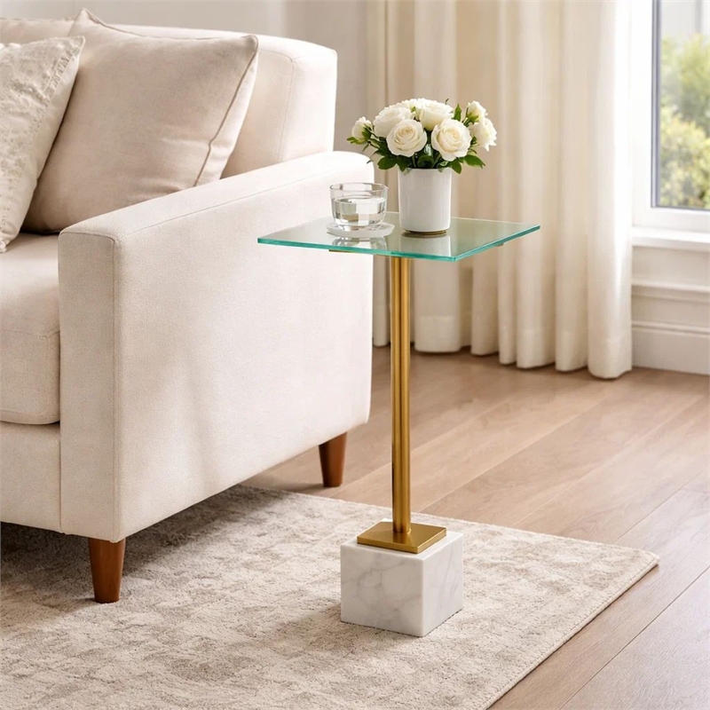 Accent Table- 11 Inch Square Glass Top- White Marble- Retro Brass