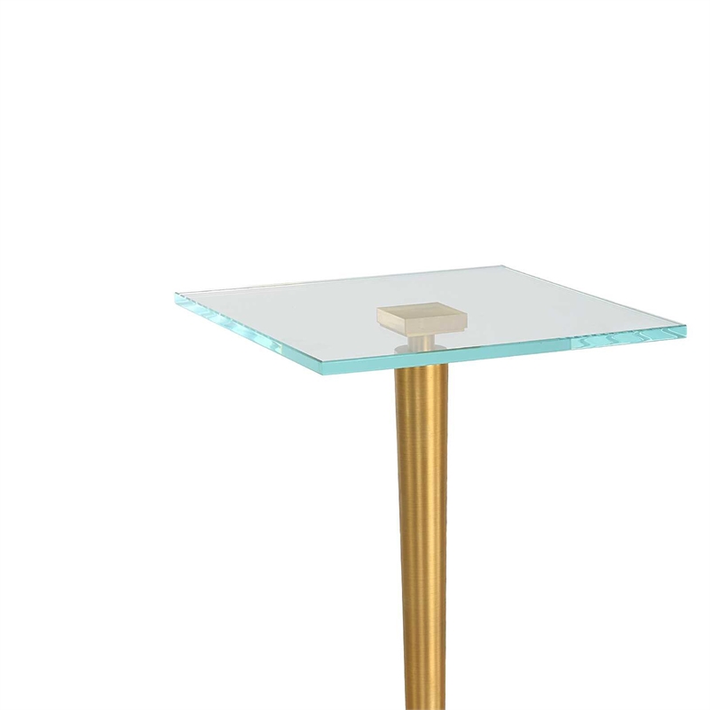 Accent Table- 11 Inch Square Glass Top- White Marble- Retro Brass