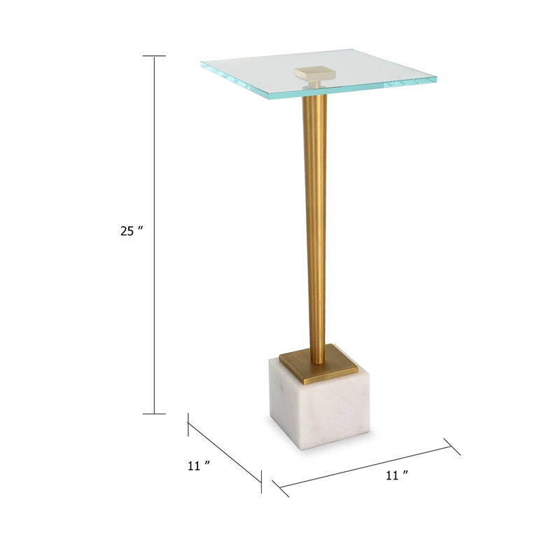 Accent Table- 11 Inch Square Glass Top- White Marble- Retro Brass