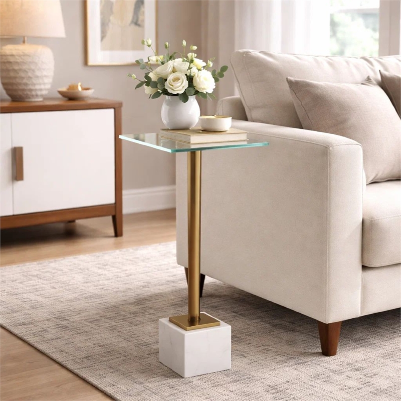 Accent Table- 11 Inch Square Glass Top- White Marble- Retro Brass
