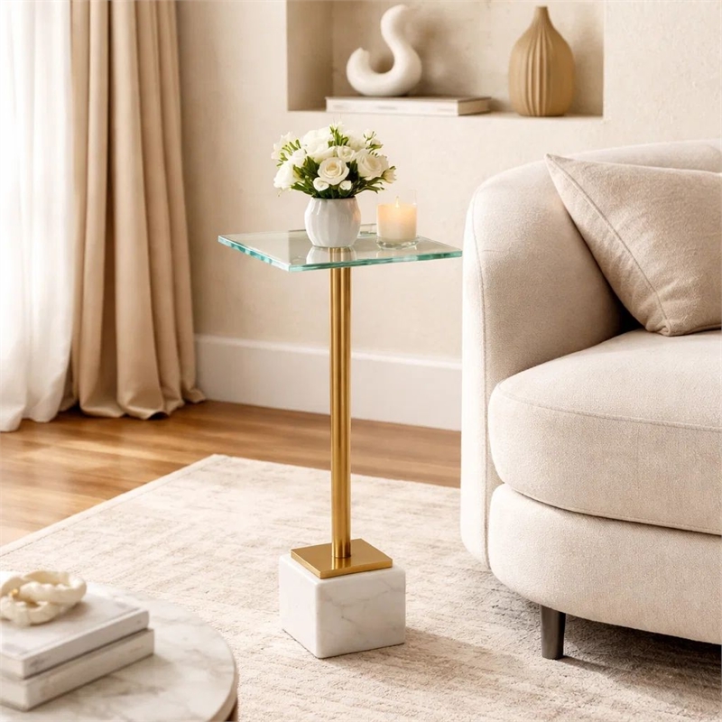 Accent Table- 11 Inch Square Glass Top- White Marble- Retro Brass