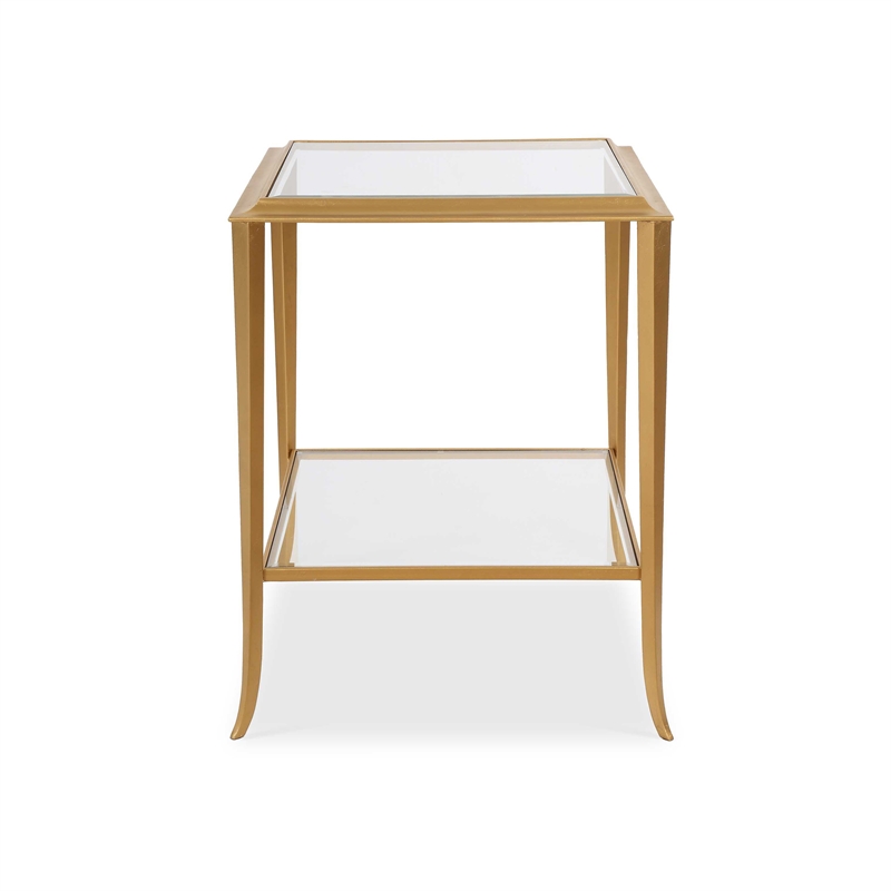 Accent Table- 18 Inch Glass Top- Bottom Open Shelf- Gold Leaf Iron