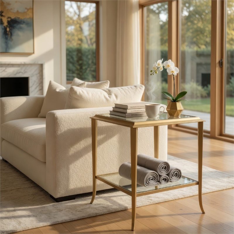 Accent Table- 18 Inch Glass Top- Bottom Open Shelf- Gold Leaf Iron