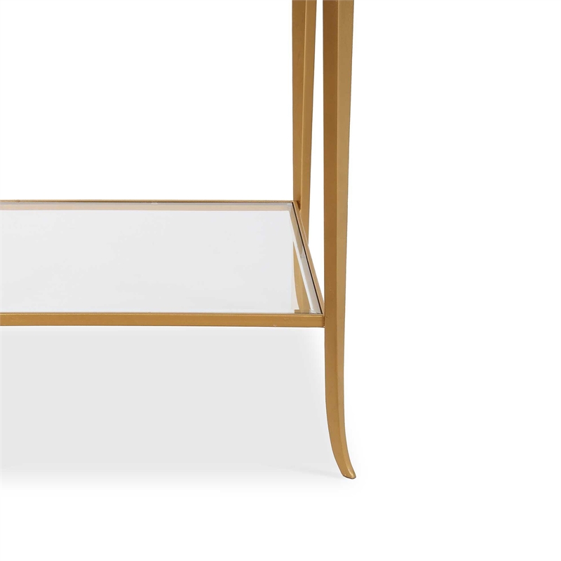 Accent Table- 18 Inch Glass Top- Bottom Open Shelf- Gold Leaf Iron