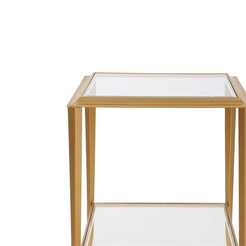 Accent Table- 18 Inch Glass Top- Bottom Open Shelf- Gold Leaf Iron