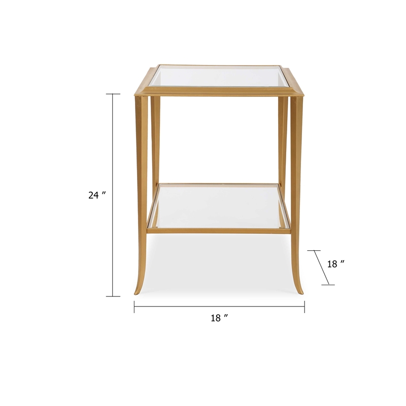 Accent Table- 18 Inch Glass Top- Bottom Open Shelf- Gold Leaf Iron