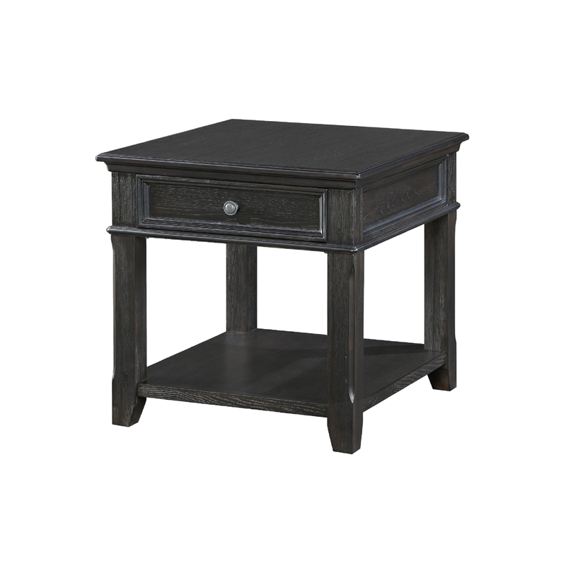 Side End Table w USB Port- 27 Inch Top- 1 Drawer- Charcoal Black