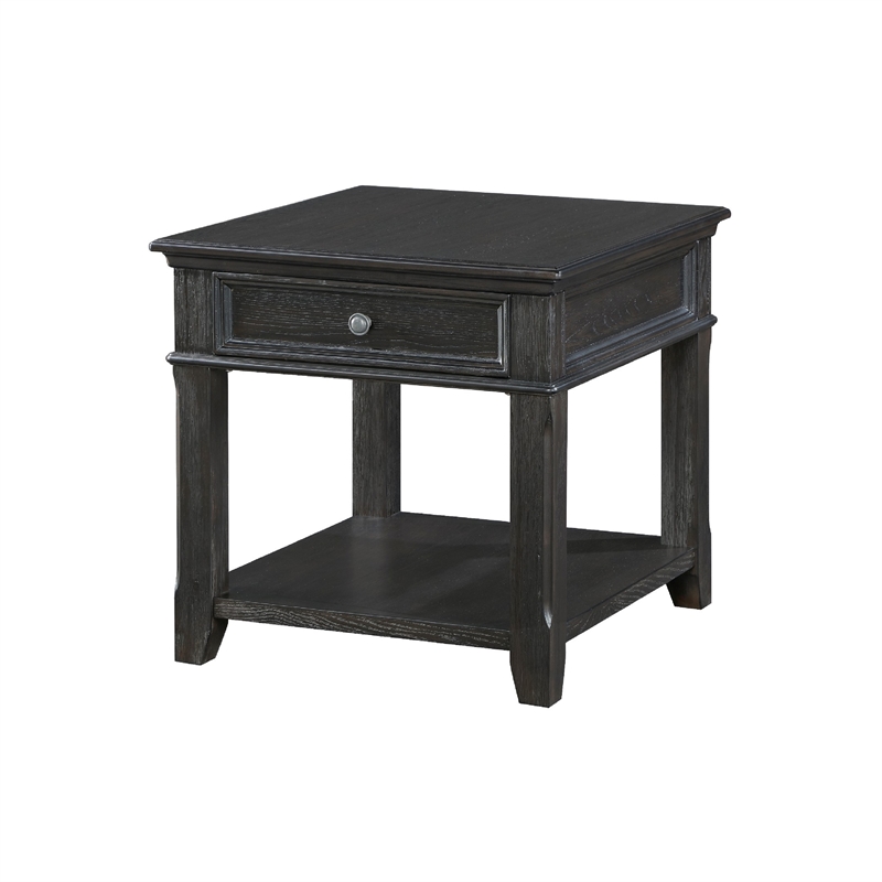 Side End Table w USB Port- 27 Inch Top- 1 Drawer- Charcoal Black