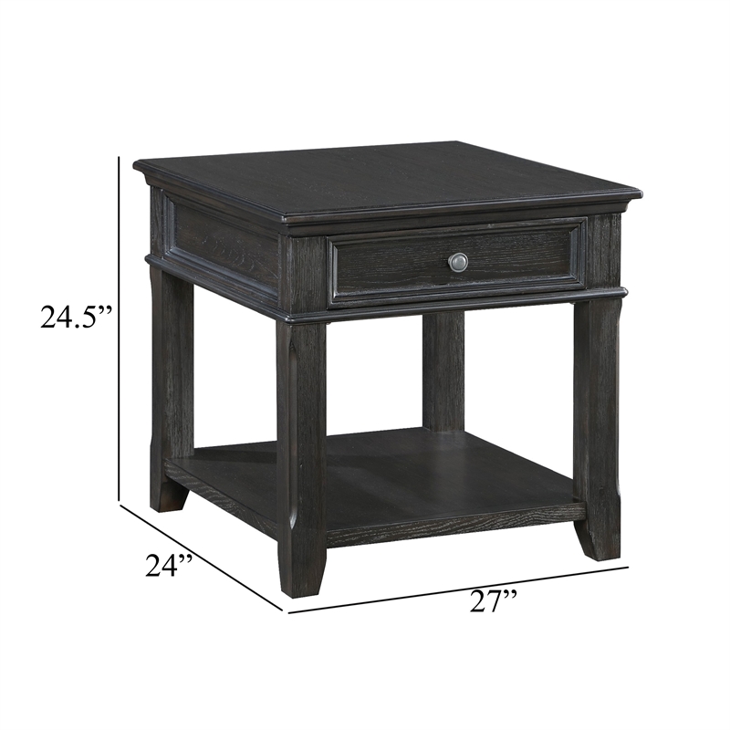 Side End Table w USB Port- 27 Inch Top- 1 Drawer- Charcoal Black