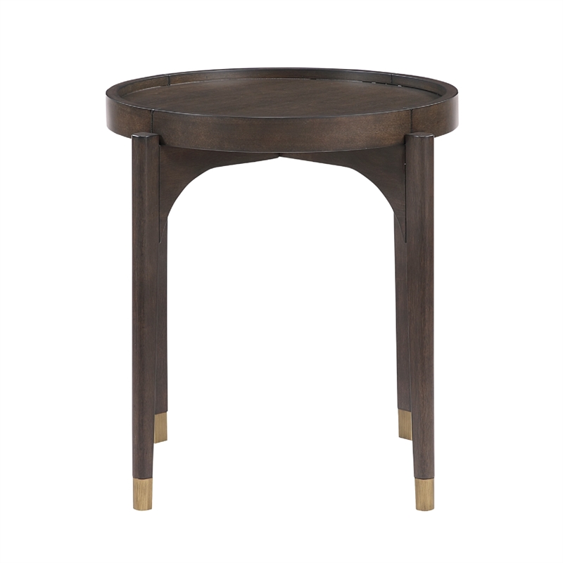 Side End Table- 24 Inch Round Top- Gold Capped Legs- Dark Brown