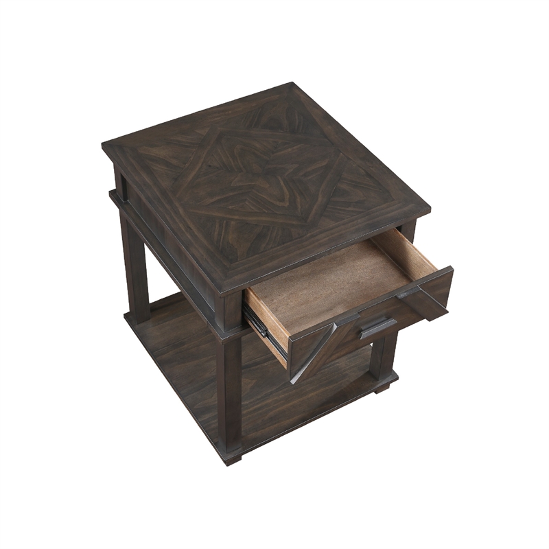 Side End Table- 24 Inch- 1 Drawer with Lower Open Shelf- Brown