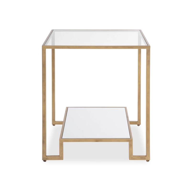Side End Table- 20 Inch Square Glass Top- Open Shelf- Antique Gold