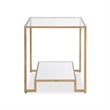 Side End Table- 20 Inch Square Glass Top- Open Shelf- Antique Gold