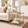 Side End Table- 20 Inch Square Glass Top- Open Shelf- Antique Gold