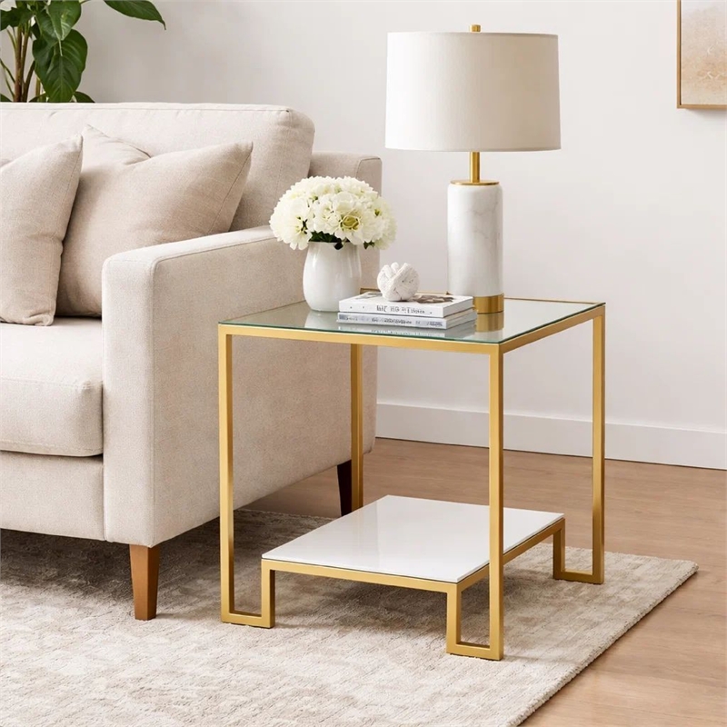 Side End Table- 20 Inch Square Glass Top- Open Shelf- Antique Gold