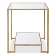 Side End Table- 20 Inch Square Glass Top- Open Shelf- Antique Gold
